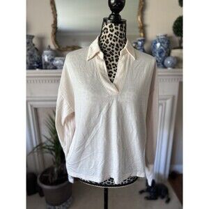 J.Crew Long Sleeve Open Polo Shirt Soft Terry Coastal Preppy L Cream Classic